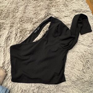 SHEIN Black Ribbed Asymmetrical Crop Top